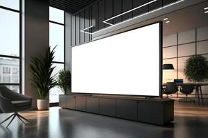 realistisk 3d sida se av presentation skärm i modern kontor miljö, modern interiör med bred led skärm attrapp foto