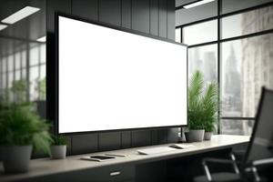 transparent lcd TV skärm attrapp i kontor med inomhus- växter, vit led skärm inuti kontor miljö foto