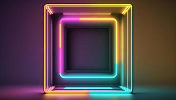 3d abstrakt färgrik neon bakgrund med en fyrkant ram. enkel geometrisk form, tom baner foto