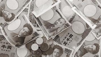 japansk yen anteckningar och japansk yen mynt för svart vit pengar begrepp bakgrund foto