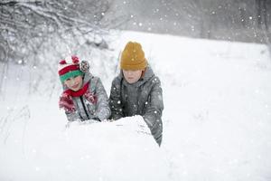 två Pojkar är spelar i de snö. barn skulptera från snö. spela på en vinter- dag i natur. foto