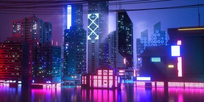 3d tolkning av urban teknologi och neon ljus bakgrund foto