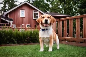 en hund med en hus i de bakgrund foto