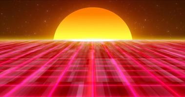 abstrakt röd lysande neon laser rutnät retro trogen hög tech från 80-tal, 90s med energi rader på yta och horisont med Sol, abstrakt bakgrund foto