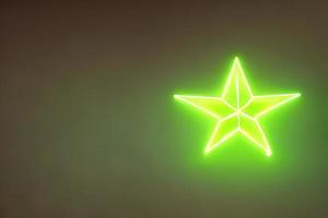 grön stjärna form neon linje mörk bakgrund med några tömma Plats. foto