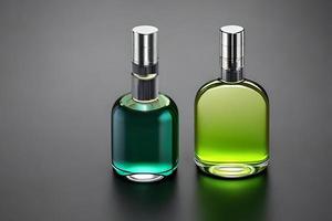 två grön flaska parfym attrapp produkt studio skott isolerat. foto