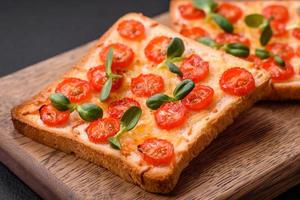 utsökt färsk rostat bröd eller bruschetta med tomater, ost, örter, salt och kryddor foto