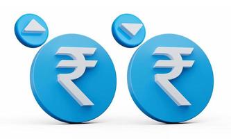 3d enkel blå indisk rupee mynt, öka minska ikon på vit bakgrund, 3d illustration foto