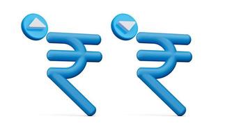 3d blå skinande indisk rupee symbol, öka och minska ikon på vit bakgrund, 3d illustration foto