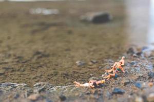 miniatyrfolk som bär baddräkter som kopplar av på en strand, sommarbegrepp foto