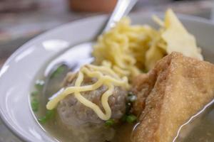 stänga upp Foto av bakso, traditionell köttbulle av malang Indonesien, med spaghetti och tofu. de Foto är lämplig till använda sig av för traditionell mat bakgrund, traditionell mat affisch och mat innehåll media.