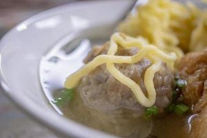 stänga upp Foto av bakso, traditionell köttbulle av malang Indonesien, med spaghetti och tofu. de Foto är lämplig till använda sig av för traditionell mat bakgrund, traditionell mat affisch och mat innehåll media.