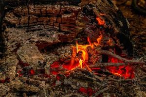 textur flamma från brinnande loggar på natt foto
