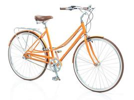 eleganta kvinnor orange cykel isolerat på vit foto