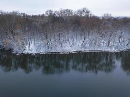 se från höjd till de vinter- skog täckt med snö och stående på de flod Bank foto