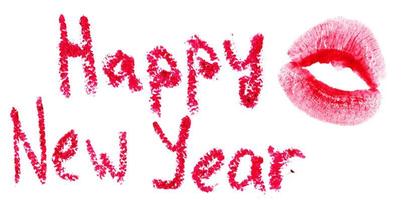 Lycklig ny år är skriven med läppstift och kyss stämpel. isolerat på vit foto