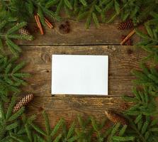 jul träd gren med kottar, kanel pinnar och dittany på trä- bakgrund med copy foto