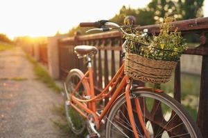 skön cykel med blommor i en korg står på de gata foto