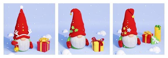 jul scandinavian gnome med skägg och röd dekorerad hatt 3d framställa vertikal baner uppsättning. foto