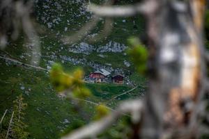 en berg värdshus fotograferad genom grenar foto