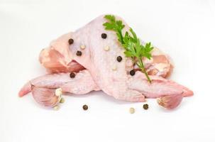 rå kyckling vingar isolerat på vit bakgrund - färsk okokt kyckling kött med örter och kryddor för matlagning mat foto