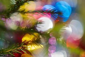 silhuett av gren xmas träd med nålar. Lycklig ny år prydnad dekorationer, färgrik defocused abstrakt suddigt bokeh bakgrund foto