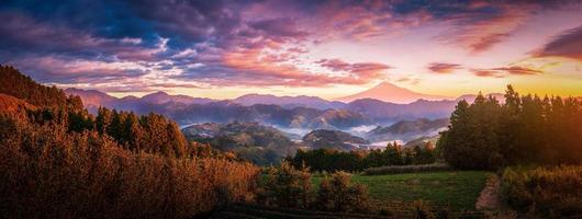 panorama bild av mt. fuji med grön te fält på soluppgång i shizuoka, japan. foto