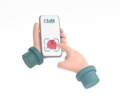 hand innehav smartphone med Identifiering skanningar av en fingeravtryck i de mobil telefon. foto
