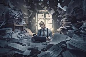 en konceptuell collage handla om en affärsman besatt förbi papper och rapporter representerar de påfrestning av de modern värld på arbete. foto