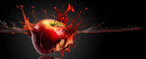 en röd äpple i vatten stänk Färg effekt på en svart bakgrund. generativ ai. foto