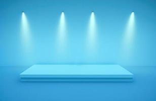 blå piedestal på ljus bakgrund med strålkastare, produkt podium, skede för visa produkt 3d framställa foto
