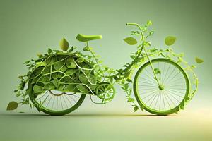 cykel täckt med grön blad klänge, eco och miljö begrepp, hållbar transport och resa foto