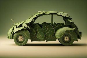 grön elektrisk bil tillverkad från löv, hållbar och förnybar resurser, eco kraft foto