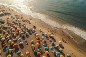 antenn se på fullt med folk strand, skapas med generativ ai foto
