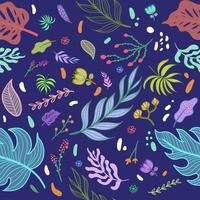 färgrik tropisk regnskog. sömlös mönster med abstrakt blommor löv och Övrig växter. aloha textil- samling. på mörk blå bakgrund. foto