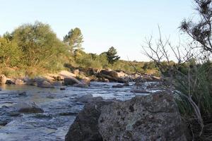 berg ström och stenar i sommar foto