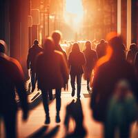 folkmassan av människor gående från arbete, solnedgång suddig bokeh bakgrund - ai genererad bild foto