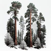 massor av kalifornien redwoods i främre av en vit bakgrund - ai genererad bild foto