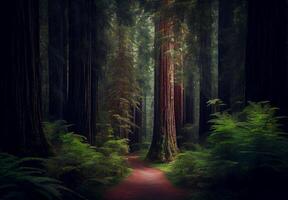 tät skog i Kalifornien, många sequoias - ai genererad bild foto