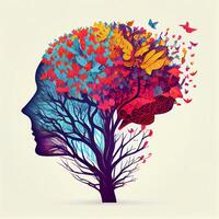 mänsklig hjärna träd med blommor och fjärilar, begrepp av själv vård, sinne, idéer, kreativitet - ai genererad bild foto
