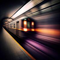 tunnelbana station, fortkörning snabb tåg, människor rusa till de elektrisk tåg, suddig bakgrund - ai genererad bild foto