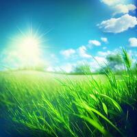 ljus Sol lyser på grön morgon- gräs- äng, ljus blå himmel - ai genererad bild foto