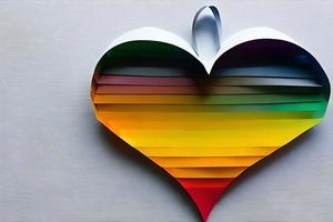 regnbåge färgad papper skära ut i de kärlek hjärta form. papper konst regnbåge hjärta bakgrund med 3d effekt, hjärta form i vibrerande färger, vektor illustration. foto