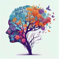 mänsklig hjärna träd med blommor och fjärilar, begrepp av själv vård, sinne, idéer, kreativitet - ai genererad bild foto