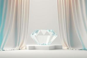 Foto podium glas diamant med glansig ridå lyx vit bakgrund, 3d produkt visa