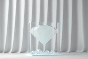 Foto podium glas diamant med glansig ridå lyx vit bakgrund, 3d produkt visa