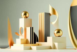 Foto 3d tolkning av de realistisk guld podium i lyx och minimal design med gyllene gardiner