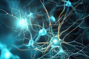 nervcell celler på abstrakt bakgrund, neuralt anslutningar i de mänsklig hjärna, lysande synapser i nervös systemet. skapas med generativ ai foto