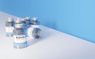 coronavirusvaccin på en vit tabell med en blå bakgrund, tolkning 3d foto