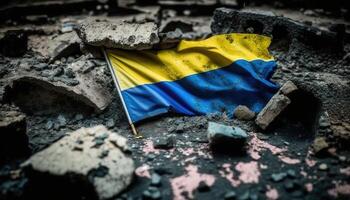 generativ ai, förstörd ukraina baner, ukrainska flagga på bruten betong, knäckt, krossade, spillror jord. Nej krig begrepp foto